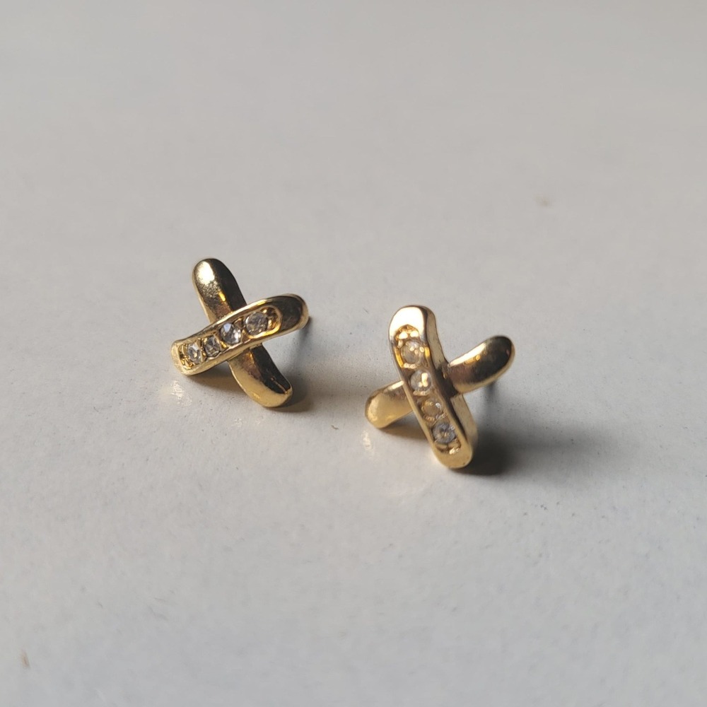 Small Kiss Stud Earrings Gold Rhinestone Pave Post Back